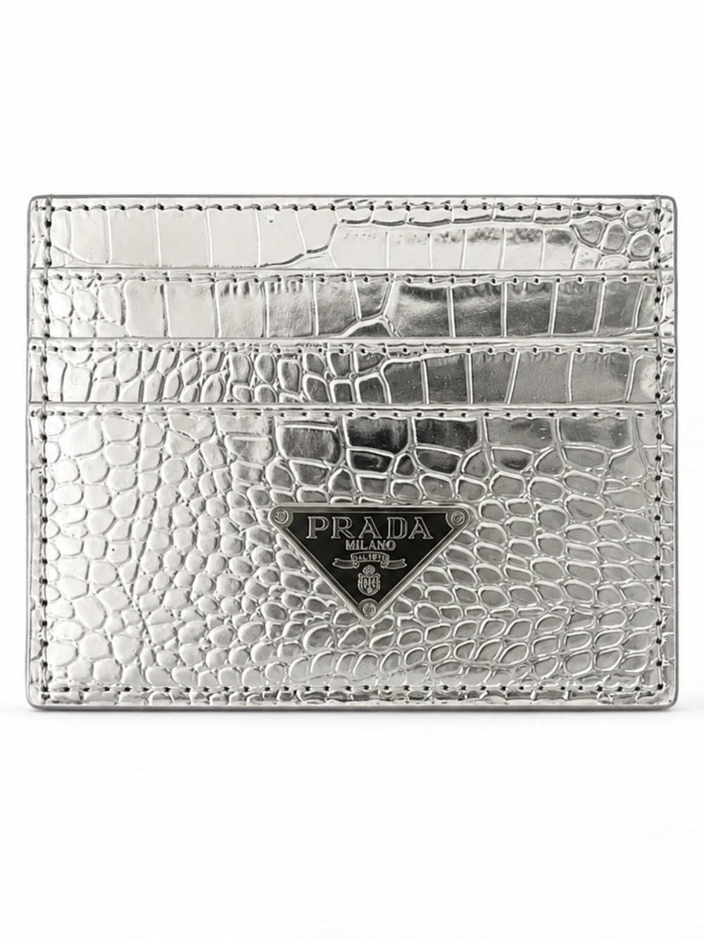 Silver Croc-Embossed Leather Card Holder